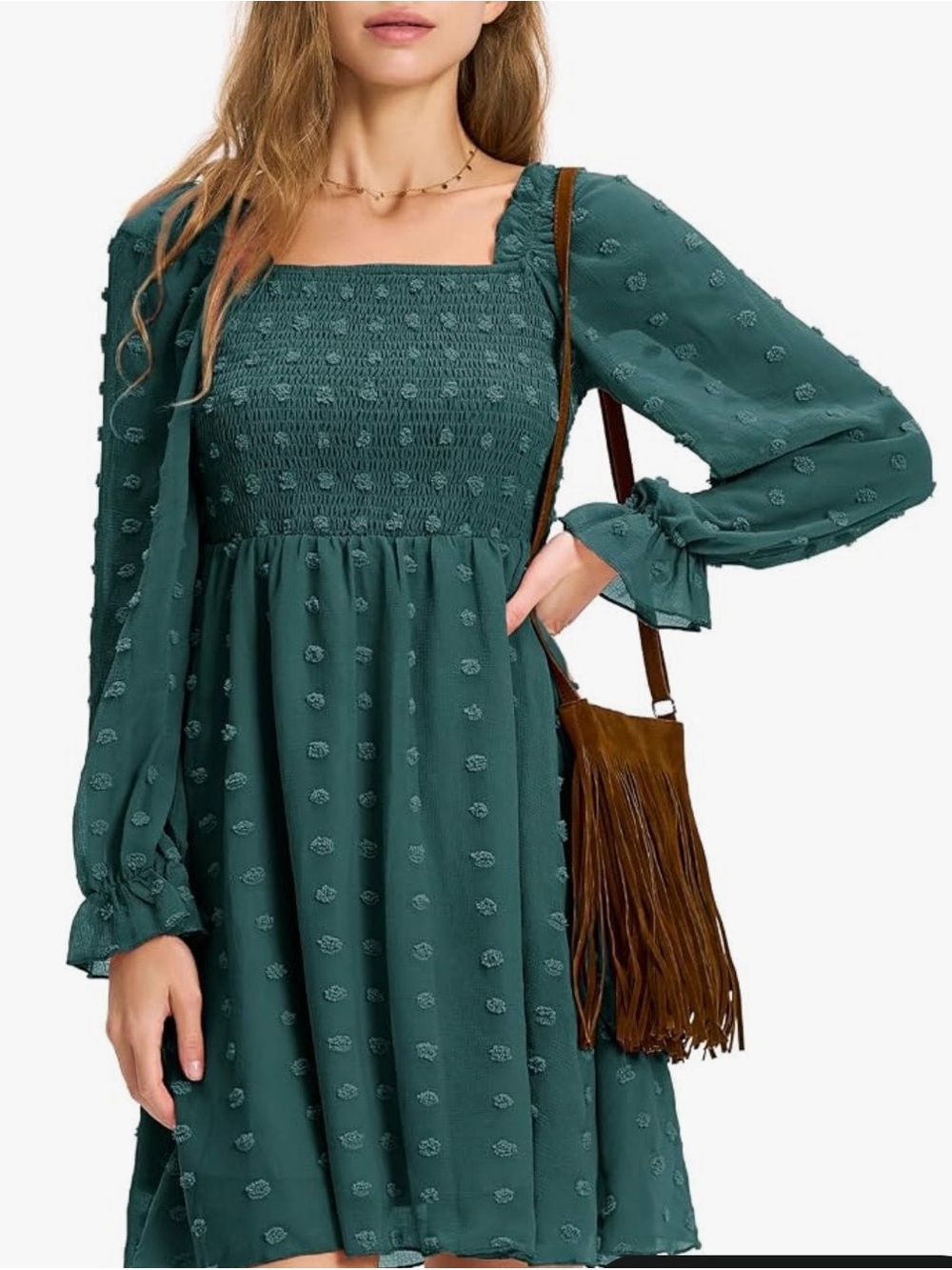 Women's Green Textured Long-Sleeve Mini Dress